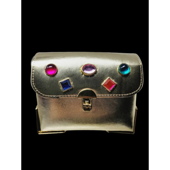 Gold Metallic Bejeweled Mini Box Crossbody Bag - Picture 2 of 10